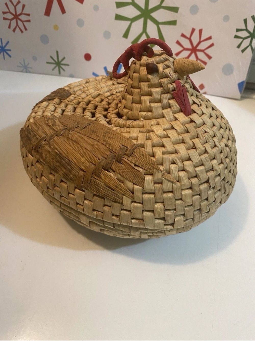 Source Unknown Woven Chicken Basket with Red Accents
